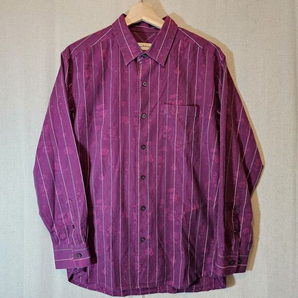 Tommy Bahama Mens Maroon Stripe Floral Silk Cotton Long Sleeve Button Up Shirt M - Picture 1 of 11